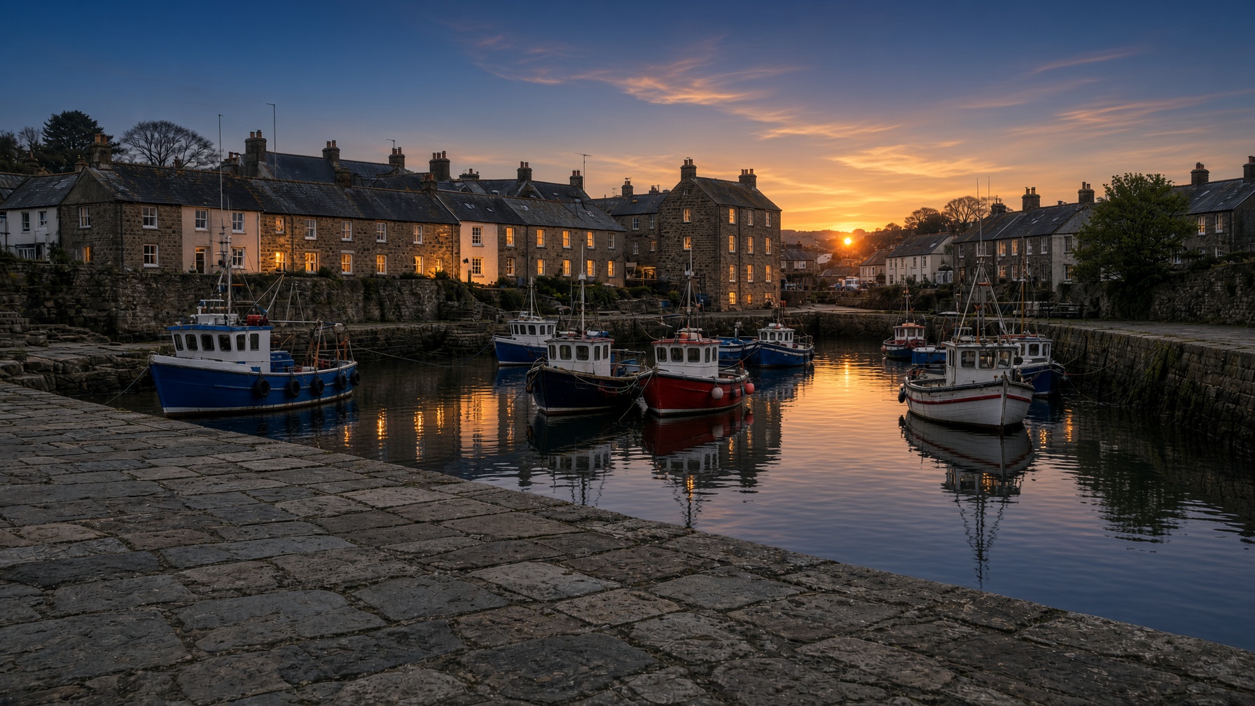 Charlestown harbour in the evening, with lit cottages and boats on the water